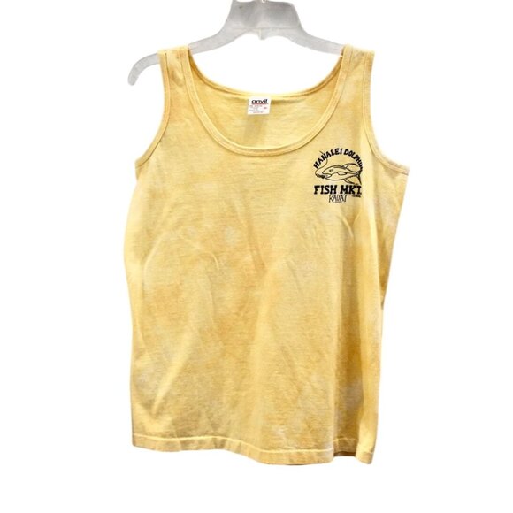 Men's Anvil Hanalei Dolphin Fisk Market Kaua'i Yellow Tank Top Bleach Dye Size M - Picture 1 of 6